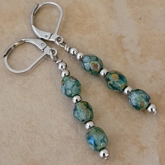 Picasso GREEN 6mm Czech Crystal Earrings Stainless Steel Leverback Artisan - Picture 5 of 5